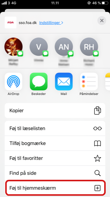 Screenshot der viser, hvordan man tilføjer min post til hjemmeskærm